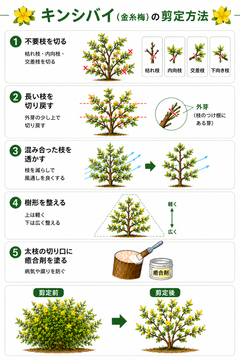 キンシバイの剪定方法【図解】 キンシバイの剪定方法【図解】