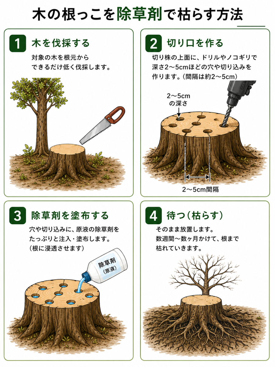 木の根っこを枯らす方法は除草剤の直接注入